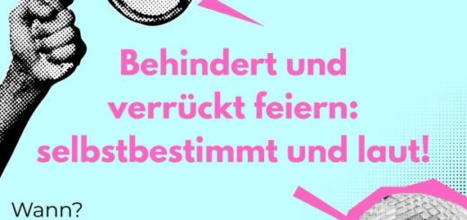 Flyer Pride Parade - Hintergrund hellblau - eine Hand mit einem Megaphon und eine Discokugel.in schwarzweiß - Text pride-parade.de Behindert und verrückt feiern: selbstbestimmt und laut! Wann? 19. September 2026, 15 Uhr