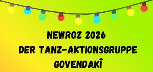 Grafik mit grün gelbem Hintergrund. Oben ist eine bunte Lichterkette. Darunter steht Newroz 2026 der Tanz-Aktionsgruppe Govendaki